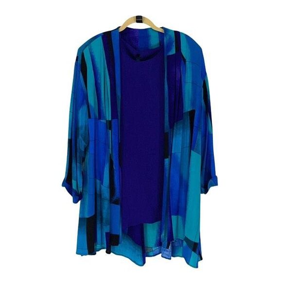 Womens 2 Pc Set Short Sleeve Blouse Printed Duster Cardigan Blue Purple Size 3X - Picture 1 of 10